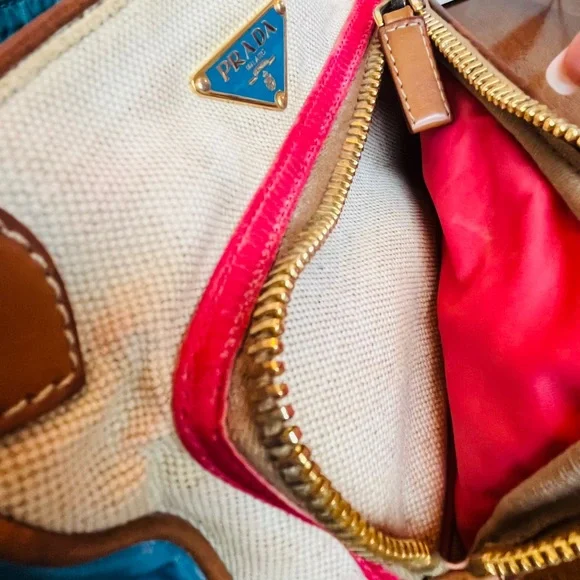 Prada Vintage Beige Mixed Material Multicolor Bag w/Leather Trim & Teal Interior - Picture 14 of 17